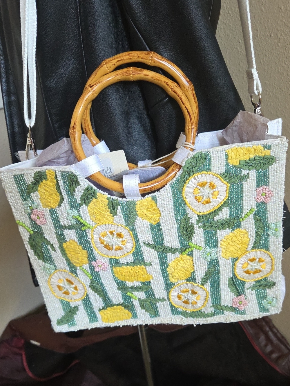 Womens SOL and MER Beaded Summer Satin Purse Tote Bag Lemons Wood Handles NWT - Picture 2 of 9